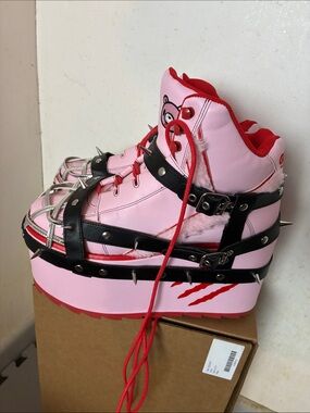 YRU x Gloomy Pink Platform Spike Harness Boots